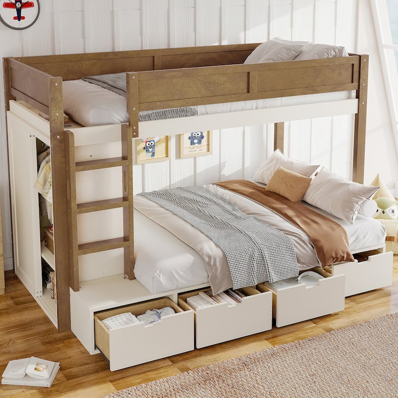 Twin over Twin Bunk Bed with 4 Drawers & Wardrobe - Solid Wood, Full-Length Guardrails, No Box Spring