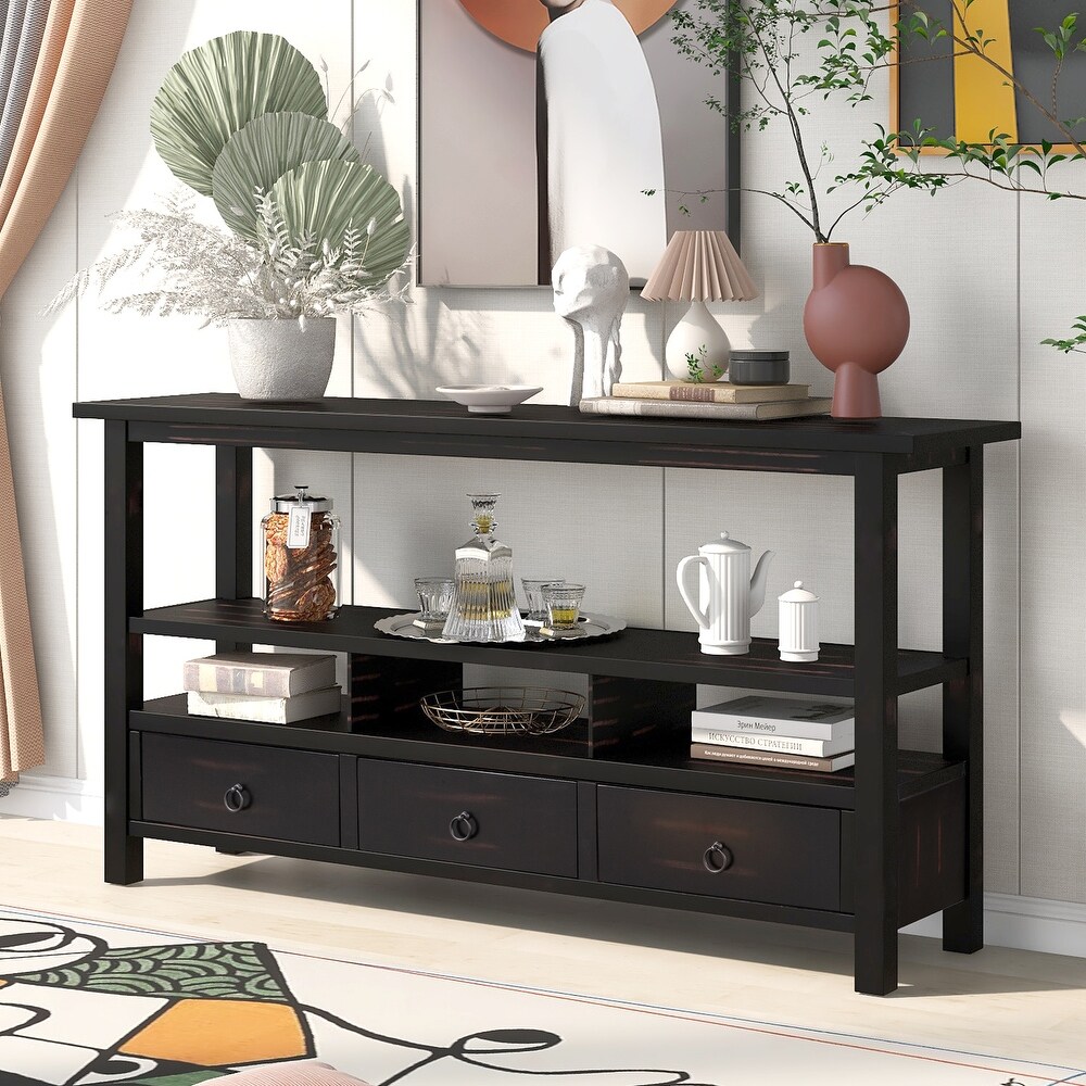 Large Console Table Primitive Walnut Stained Solid Wood Rustic Country Shelf 60" 