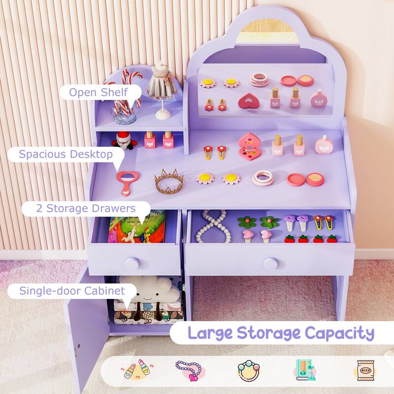 Children's Vanity Table and Stool Set with Mirror and Drawers Cabinet for Bedroom or Playroom - 31.5" x 16" x 38.5" (L x W x H)