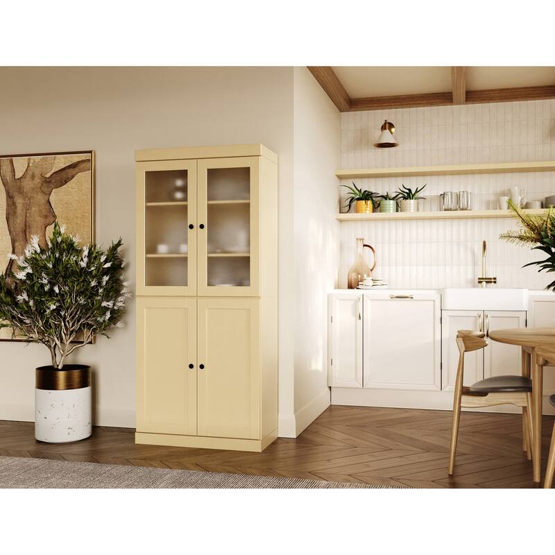 Palace Imports 100% Solid Wood 32" Pantry Cabinet with Frosted Glass, Shaker Doors, 2-Drawers and Adjustable Shelves - Yellow