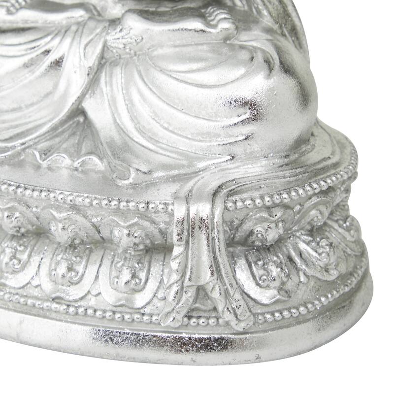 Silver Resin Bohemian Buddha Sculpture with Engraved Carvings and Relief Detailing