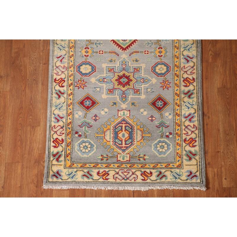 Geometric Kazak Runner Rug Handmade Grey Wool Carpet - 2'8" x 16'3"