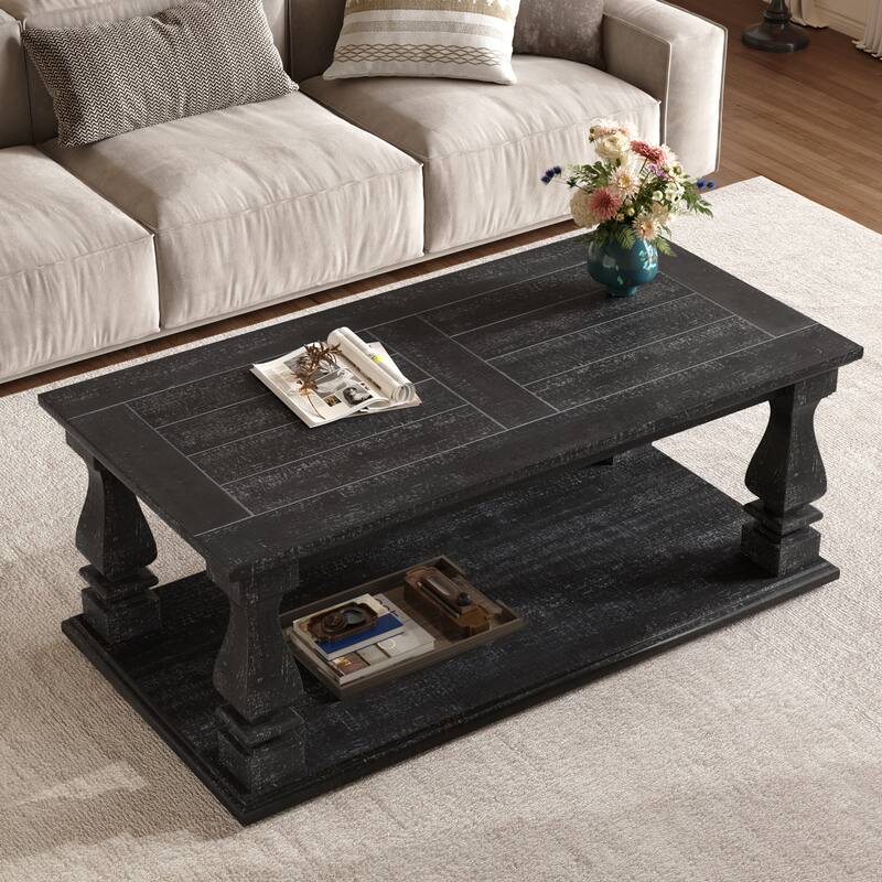 Rossetta Farmhouse Rustic Heavy Planked 2-Tier Coffee Table with Storage Shelf and Sturdy Square Baluster Legs
