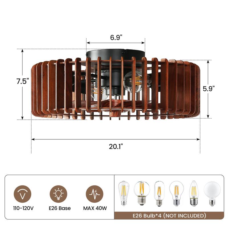 20" Ceiling Fan with Lantern for Kitchen, Farmhouse, Bedroom Ceiling Lights (6 Speeds, 1/2/4 Hour Timer) - Walnut