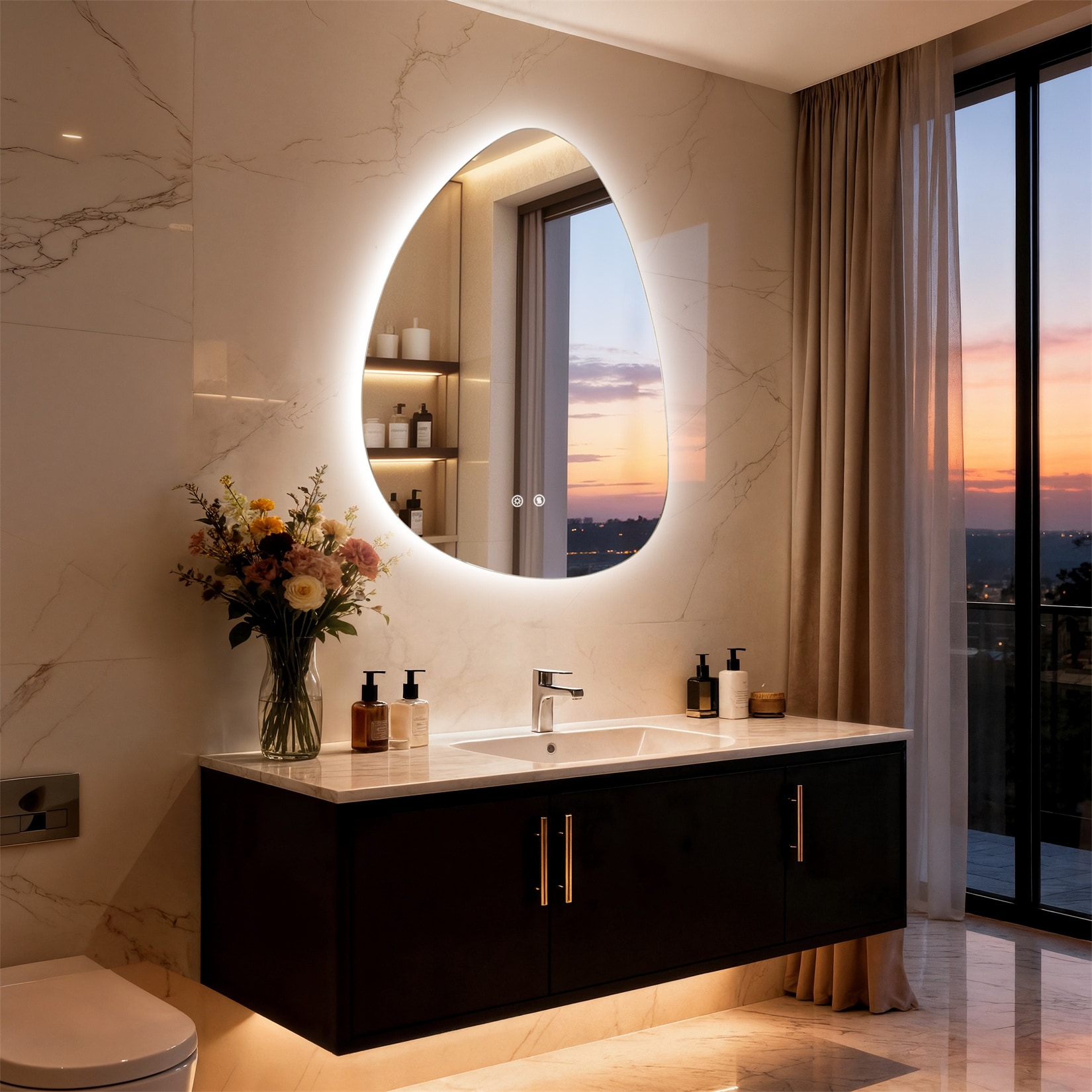 Asymmetrical Wall Lighted Mirror Modern Illuminated Bathroom LED Vanity Mirror with Irregular Pebble Shape