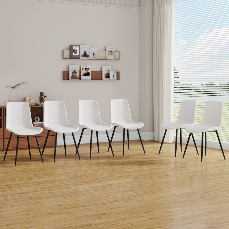 ( Set of 6 )Artificial Leather Backrest Cushion Dining Chair,Black Metal Legs,Curved widened Cushion Design for more comfort - White+Black