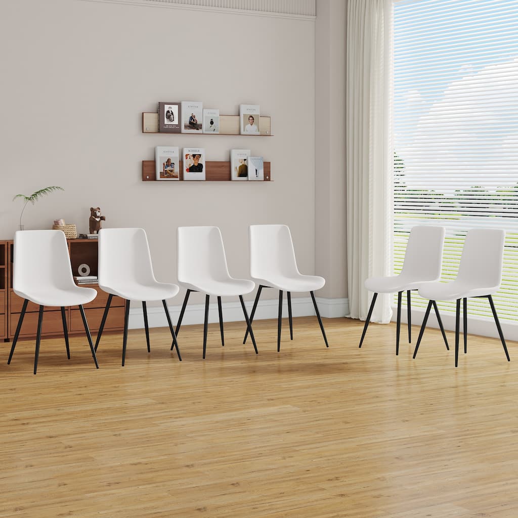 ( Set of 6 )Artificial Leather Backrest Cushion Dining Chair,Black Metal Legs,Curved widened Cushion Design for more comfort