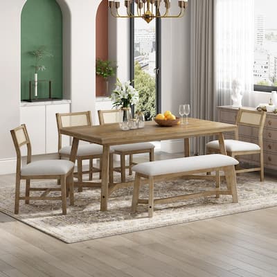 6-piece Retro Farmhouse Style Dining Set, Rectangular Table and 4 Upholstered Chairs with Rattan and Bench