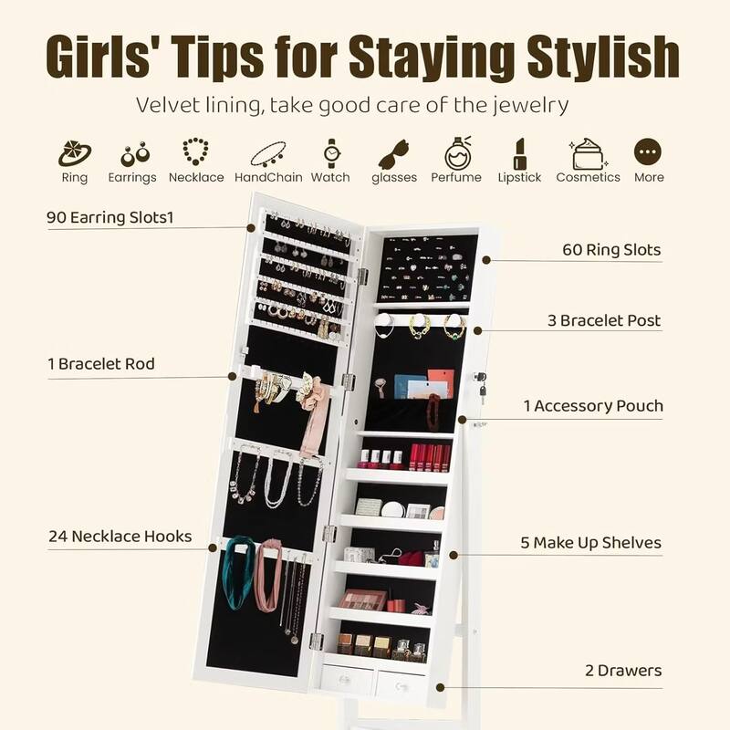 Jewelry Armoire Organizer with Full Length Mirror, Floor Standing Jewelry Cabinet, Lockable Jewelry Storage Box Cabinet