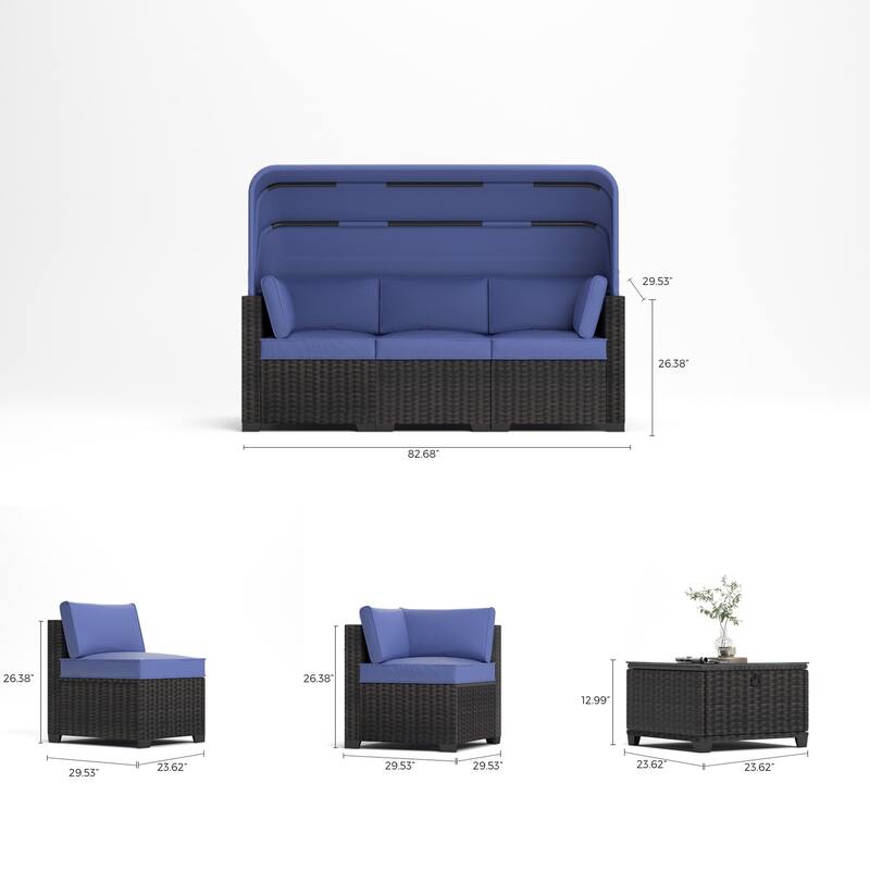 6 Pieces Patio Furniture Sets, Outdoor Rattan Daybed with Retractable Canopy, Outdoor Chaise Chair Sunbed
