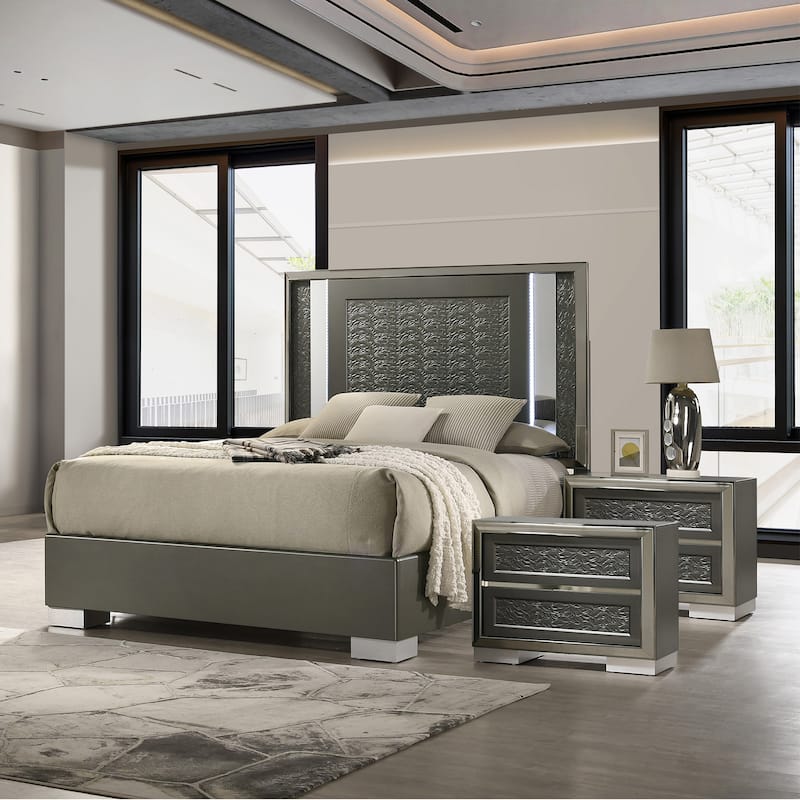 Furniture of America Iralles Modern 3-Piece Dark Grey Wood Queen Platform Bedroom Set with LED Light - Dark Grey