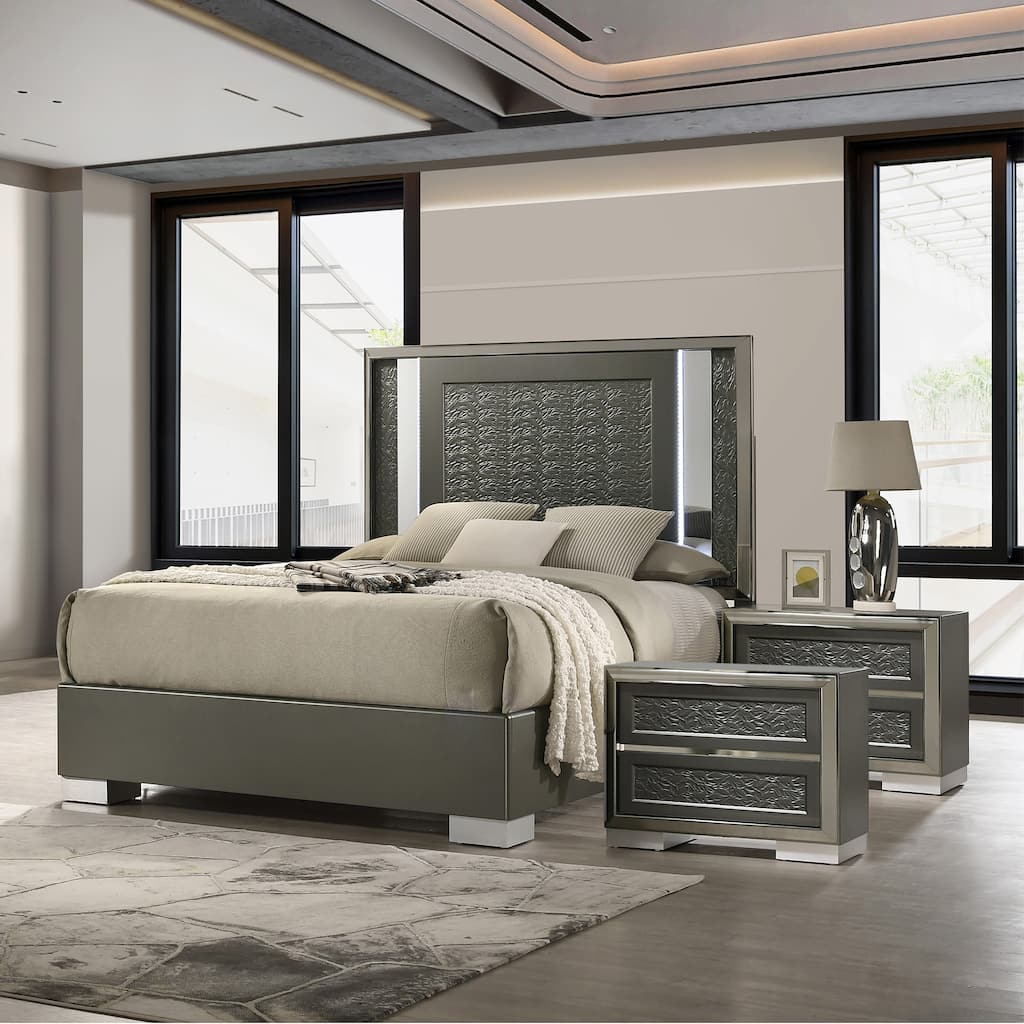 Furniture of America Iralles Modern 3-Piece Dark Grey Wood Queen Platform Bedroom Set with LED Light