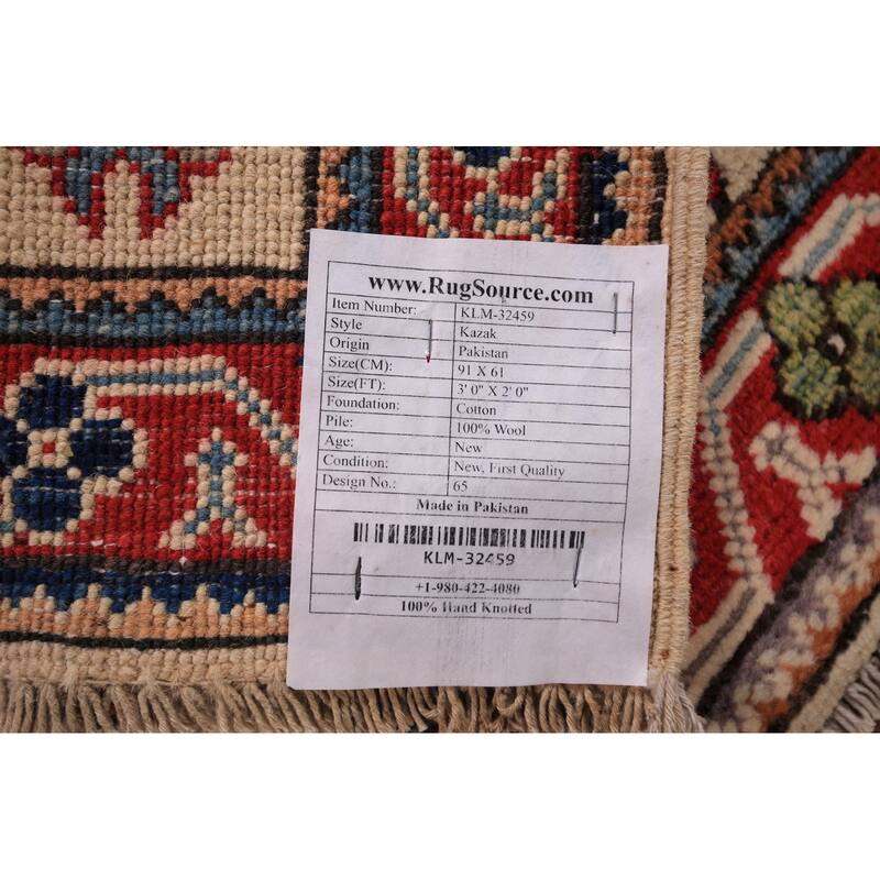 Ivory Geometric Kazak Oriental Foyer Rug Hand-Knotted Wool Carpet - 2'0" x 3'0"
