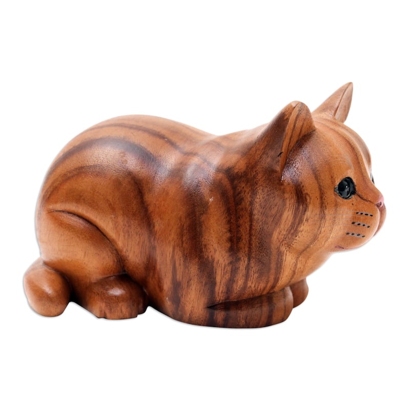 Novica Handmade Lazy Cat Wood Statuette