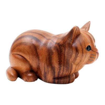 Novica Handmade Lazy Cat Wood Statuette