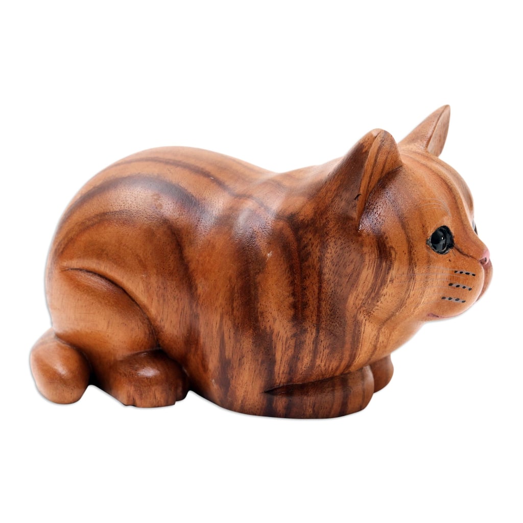 Novica Handmade Lazy Cat Wood Statuette