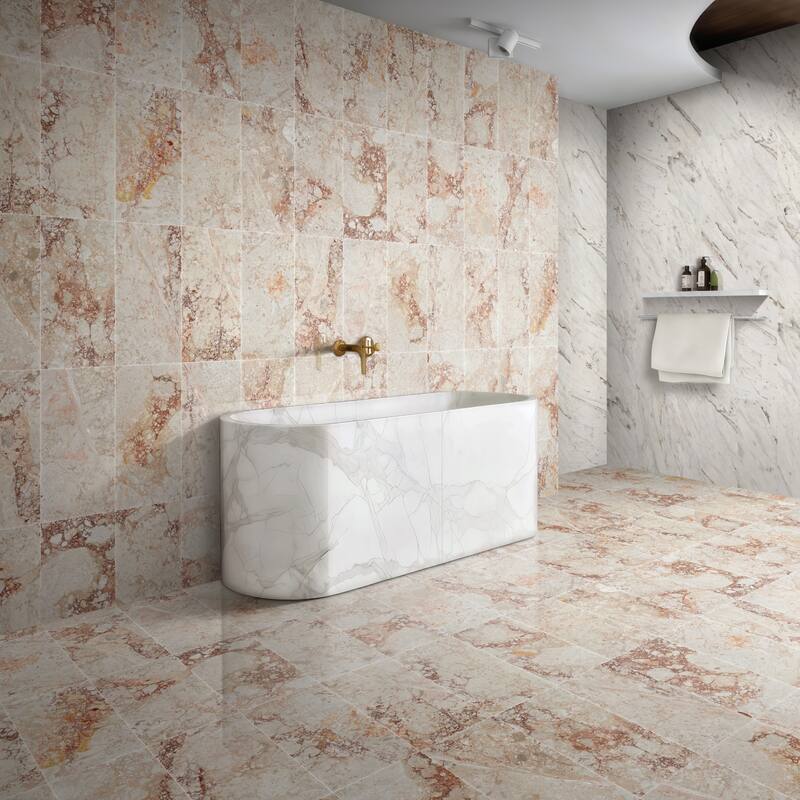 Roomfitters Natural Marble Tile for Wall and Floor, Polished Genuine Stone, 12x24 Marble Tile, 4-Piece Boxe, Pink