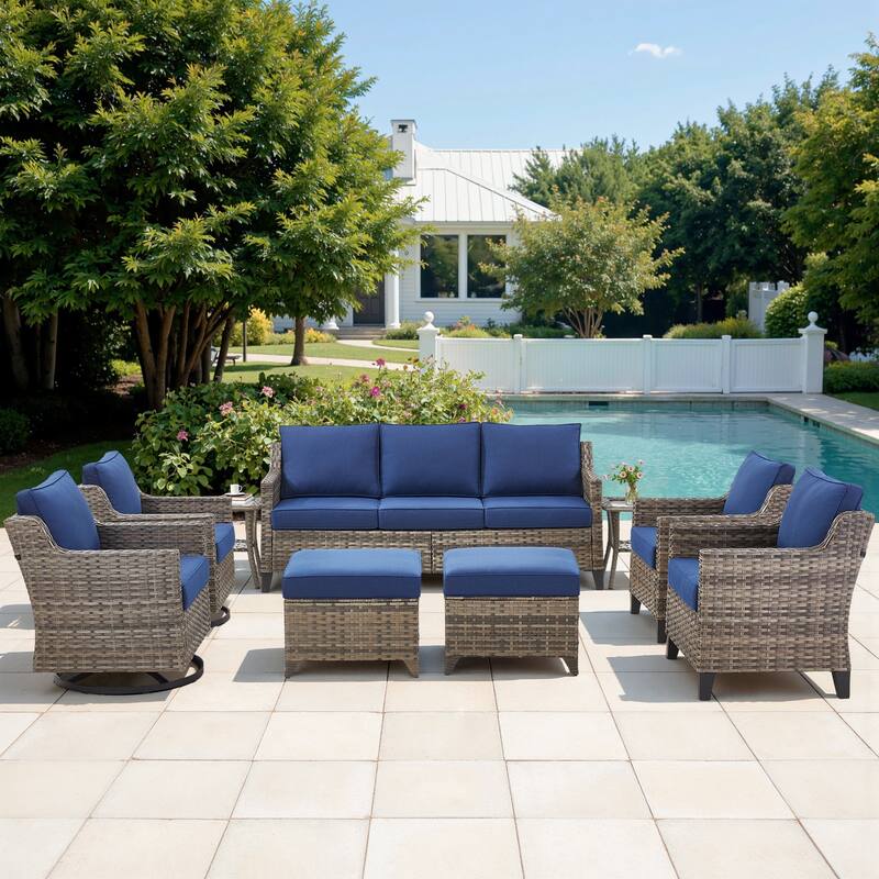 Pocassy Wicker Patio Sofa Glider Swivel Chair Ottoman Furniture Set. - Blue Cushion Gray Wicker - 9-Piece Sofa Chair Ottoman w/ Swivel Chair Table