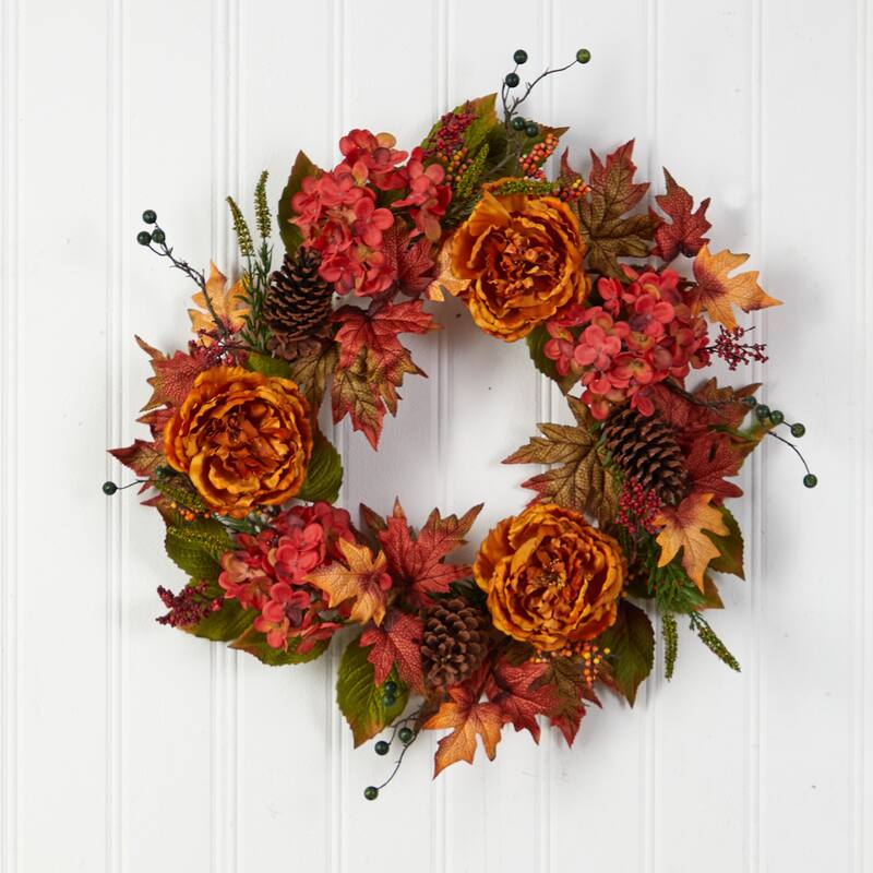 Ranunculus with Hydrangea and Berries Artificial Fall Harvest Wreath, 25-Inch, Unlit