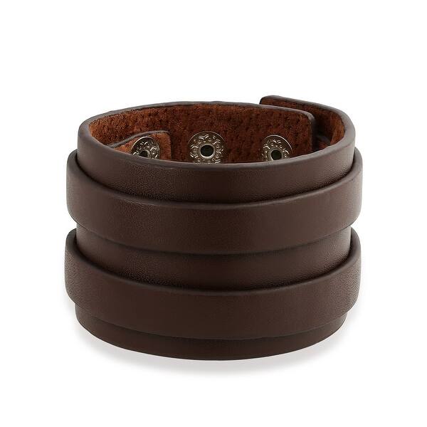 Genuine Brown Leather Wide Two Strap Cuff Bracelet For Men Two Strap Cuff Bracelet