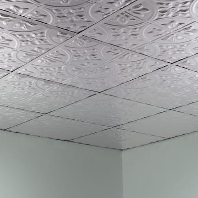 FASÄDE Traditional Style 2 Decorative Vinyl 2ft x 2ft Lay in Ceiling Panel in Brushed Aluminum (5 Pack)