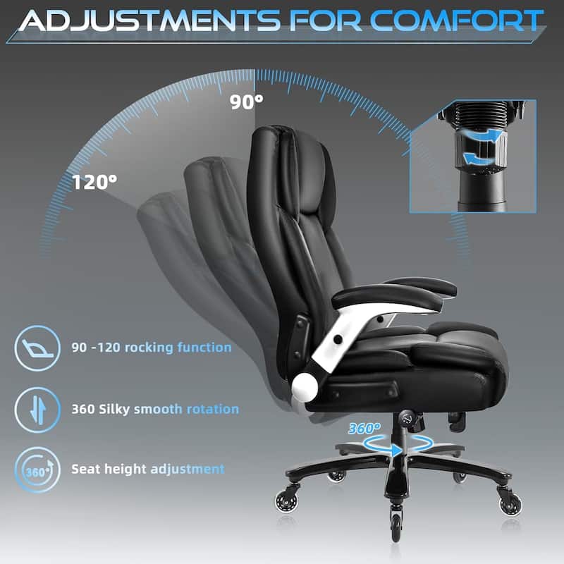 BOSSIN 600lbs Big and Tall Office Leather Chair with Flip up Armrest, Ergonomic Lumbar Support and Quiet Rubber Wheel