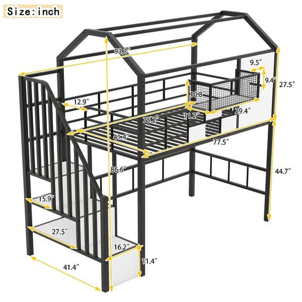 dimension image slide 1 of 2, House Design Twin Size Metal Loft Bed with Roof and Storage Box
