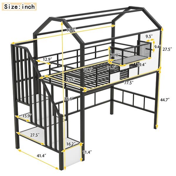 dimension image slide 0 of 2, Twin Metal Loft Bed with Roof and Storage Box, Pink
