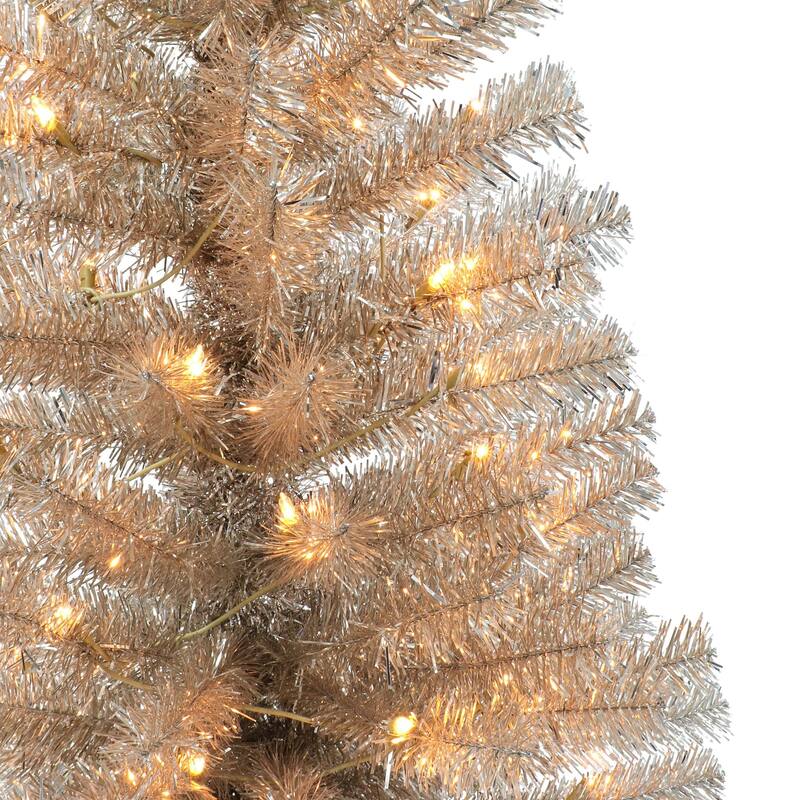 4.5' Rose Gold Tinsel Slim Artificial Christmas Tree, Clear Lights - 4.5 Foot