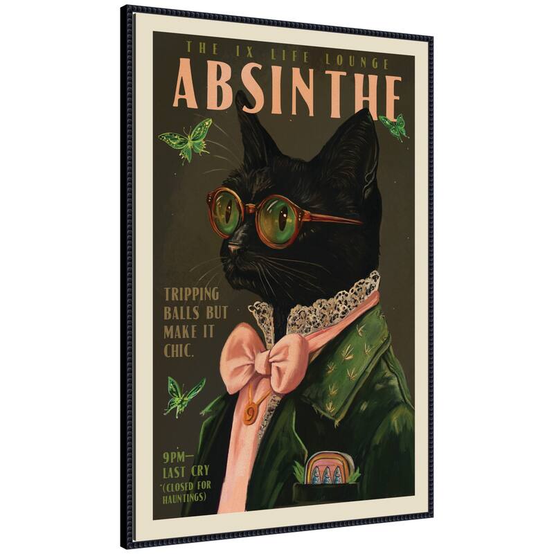Kate and Laurel WG Absinthe Kitty by The Whiskey Ginger Framed Canvas Wall Art Print - 28x41 - Black