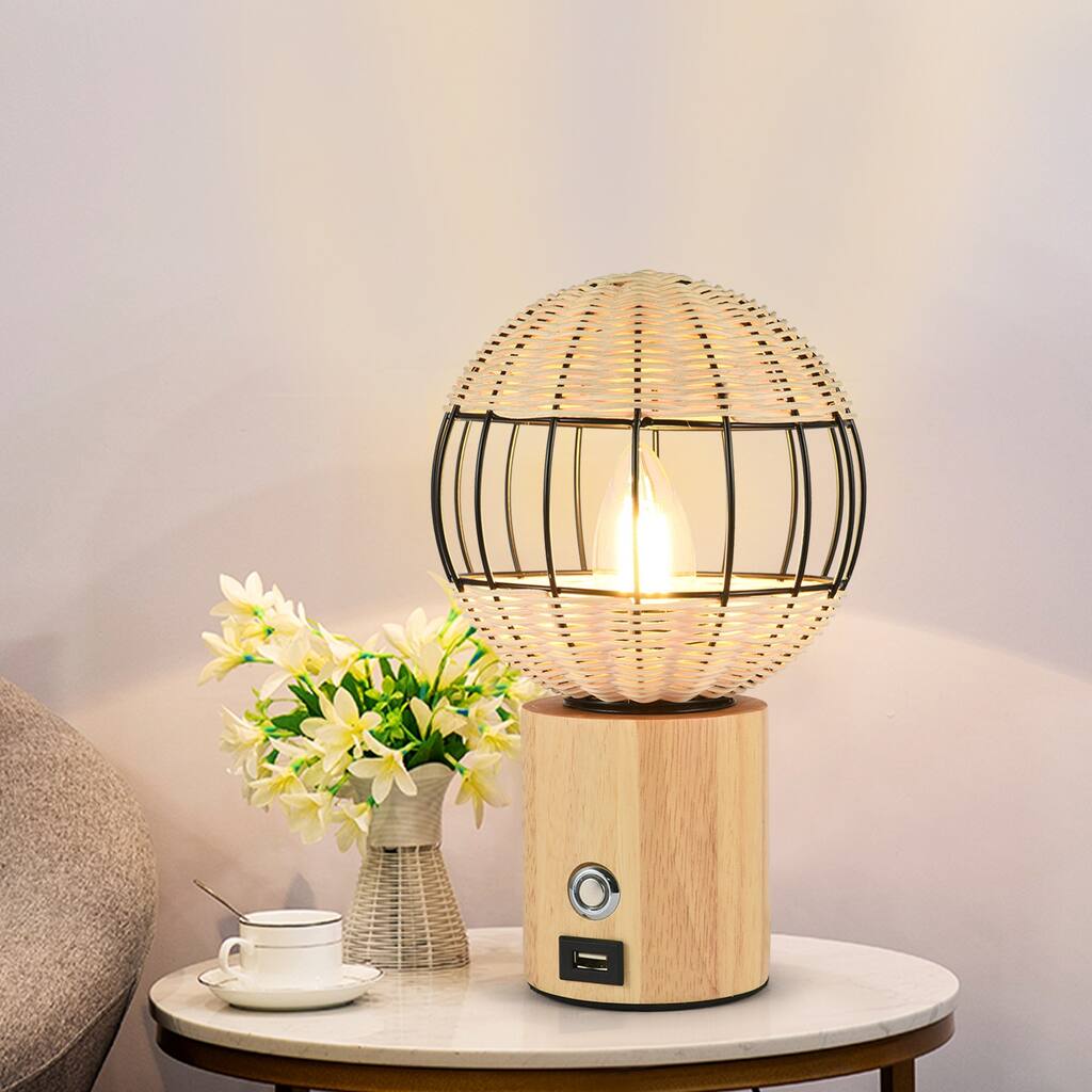 European Style Rubber Wood Table Lamp Bamboo Woven Hotel Bedside Table Lamp