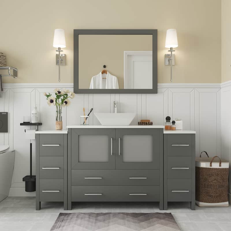 Vanity Art 60-inch Single Sink Bathroom Vanity Set With Engineered Marble Top and Free Mirror - 60 x 18.5 x 36 Inches - Grey