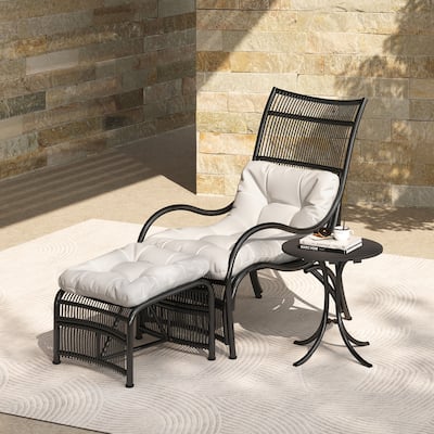 3 Pieces Wicker Outdoor Patio Furniture Set with Lounge Chair, Balcony Chairs Table Set with Cushions, Ottoman