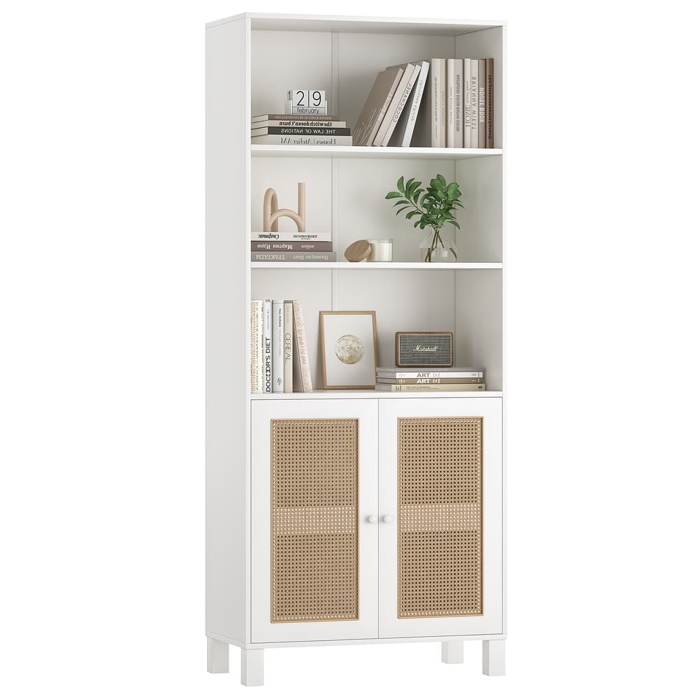 Tall Bookcase with Rattan Doors,5 Tier Storage Wood Shelves Large Bookshelf for Library Living Room Bedroom Home Office
