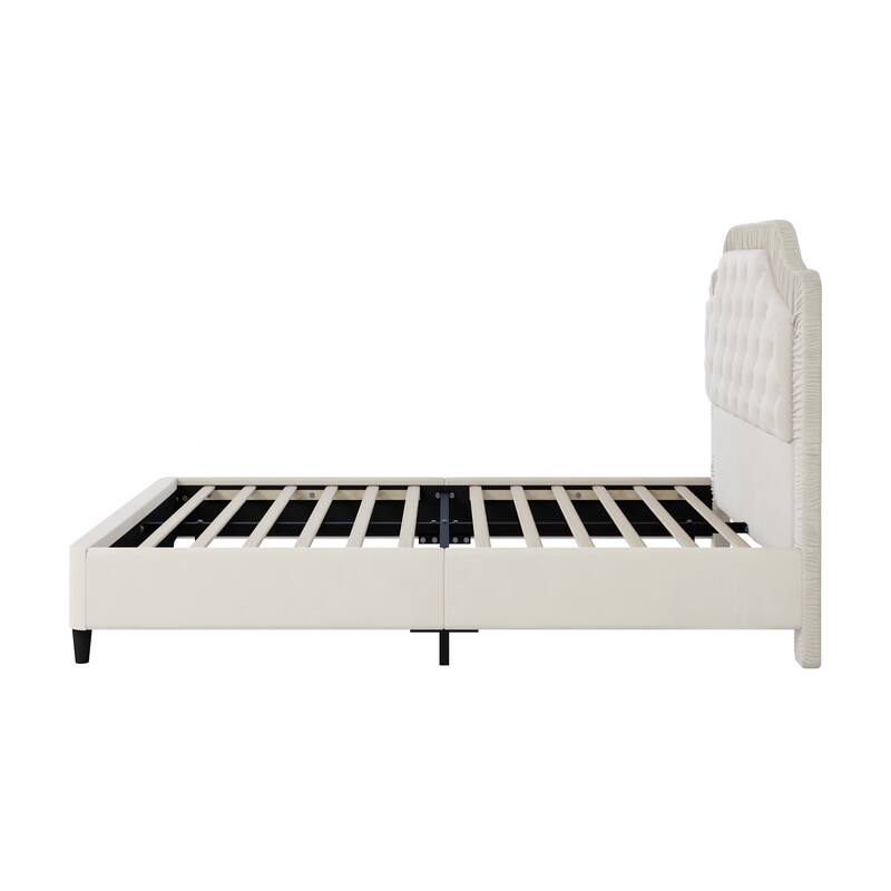 Full/Queen/King Size Upholstered Platform Bed Velvet Fabric Bed with Ruched and Button Tufted Headboard, Solid Wood Bedframe
