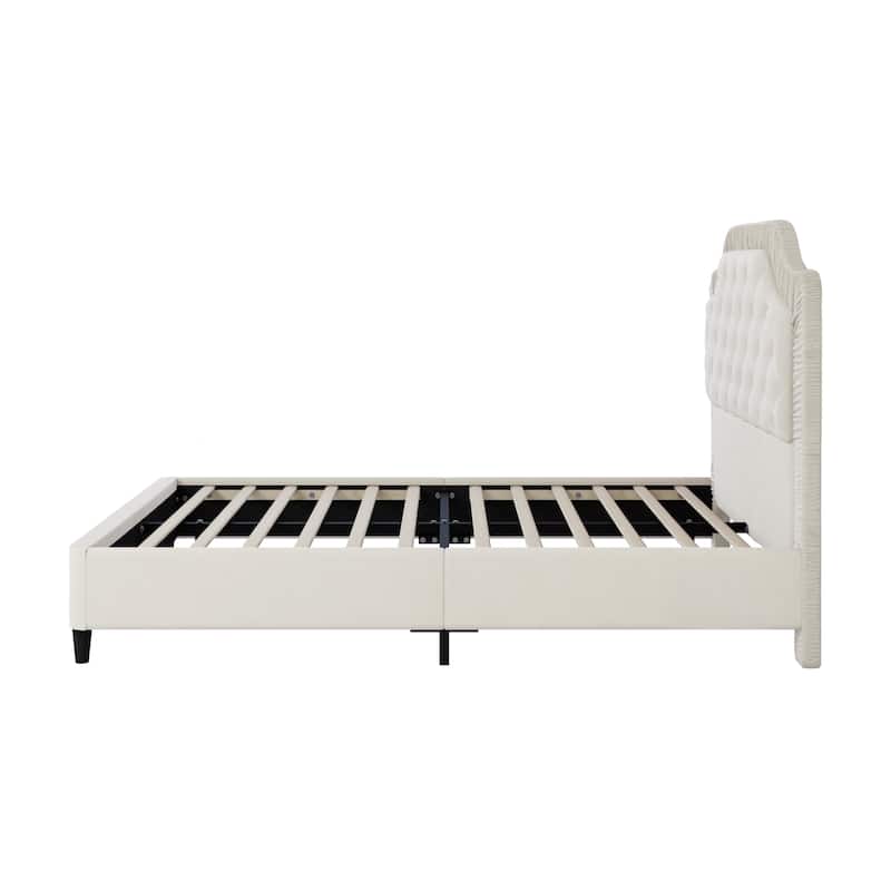 Velvet Upholstered Platform Bed with Ruched and Button Tufted Headboard, Solid Wood Frame, No Box Spring Needed, Easy Assembly