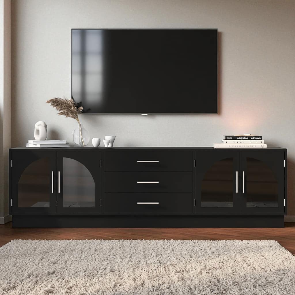 68.9" Modern Minimalist TV Stand for TVs up to 75", Media Console with Arched Glass Doors, Adjustable Shelves & Drawers