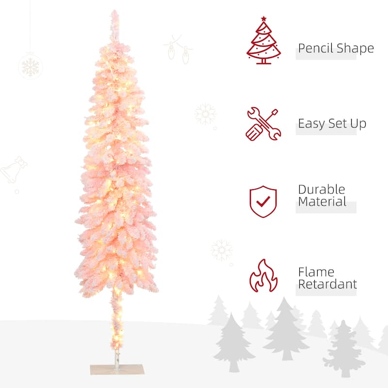 HOMCOM 6ft Tall Pencil Prelit Artificial Christmas Tree Holiday Décor with 703 Snow Flocked Branches, Pink