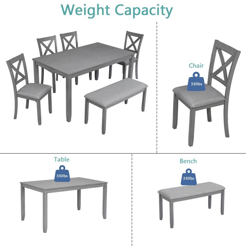 6 Pieces Dining Table Set, 6 Person Kitchen Table Chairs Set with Rectangular Table, 4 Upholstered Chairs and 1 Bench