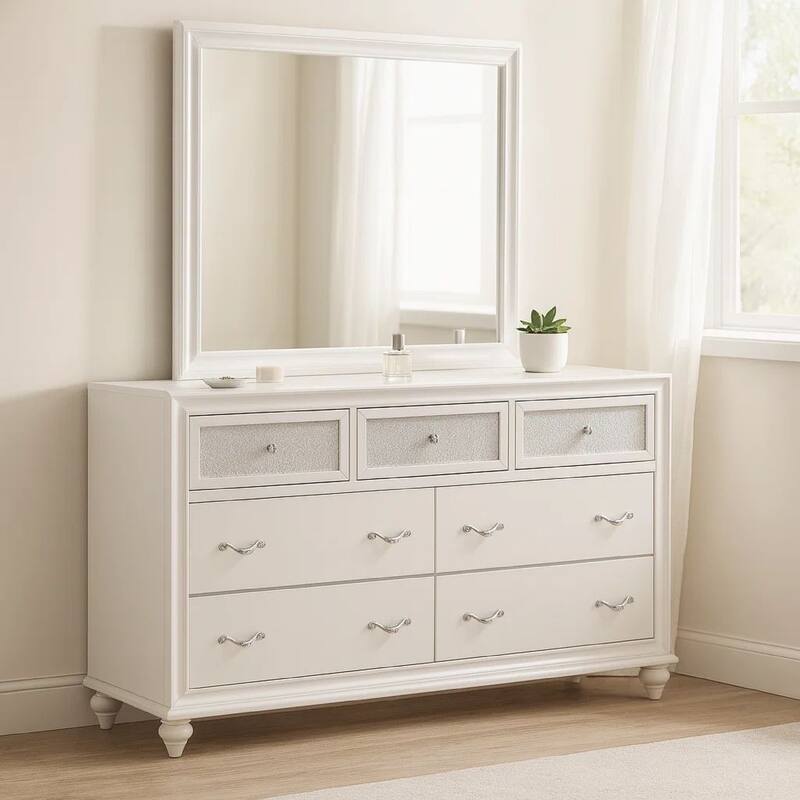 Dini Wide Dresser with Mirror, Glitter-Accented 7 Drawers, White Wood