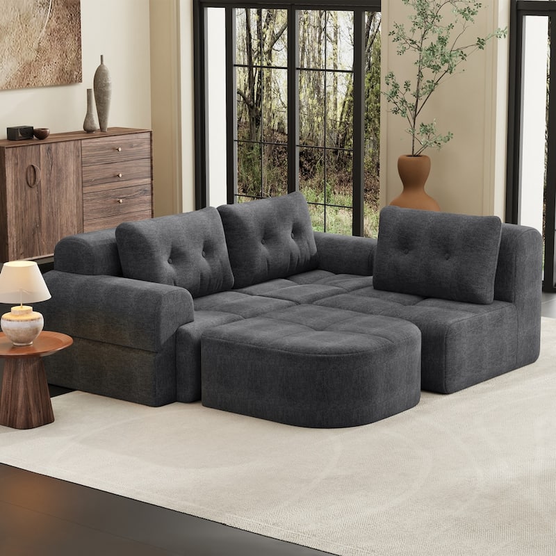 110.23" L-Shaped Chenille Sectional Sofa with Movable Ottoman