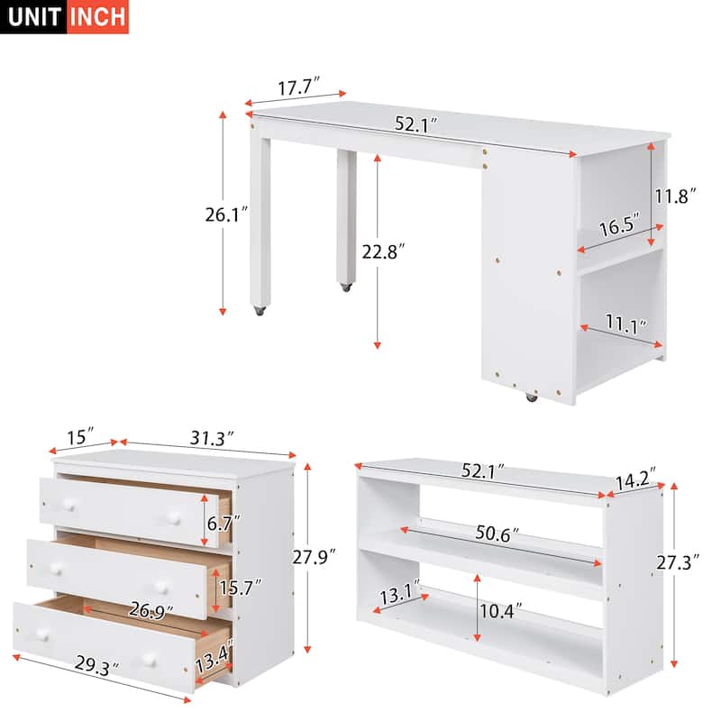 Low Loft Bed with Cabinet Shelves and Rolling Portable Desk