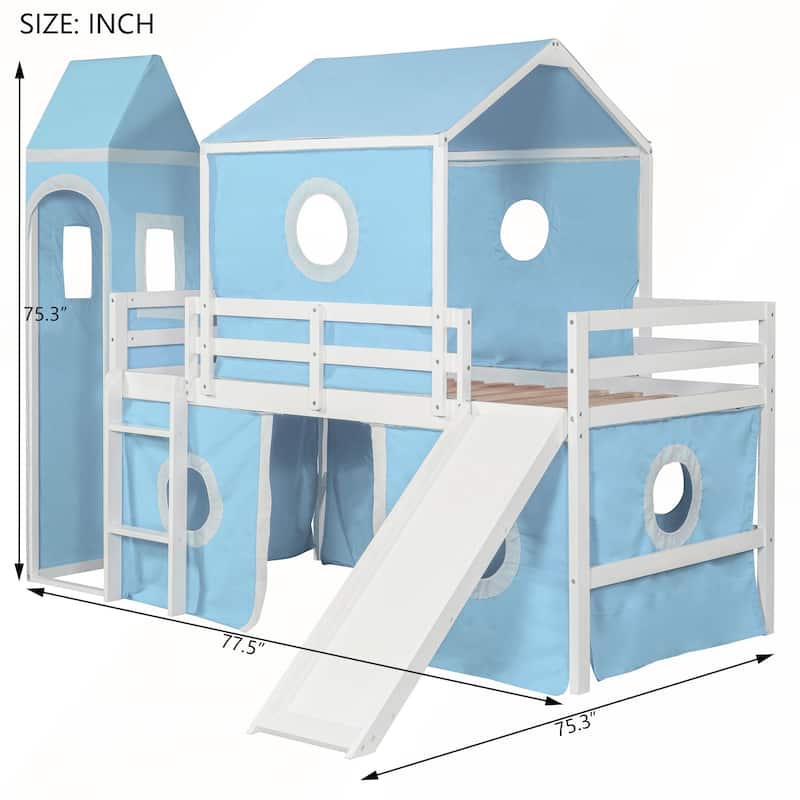 Twin Size Loft Bed with Slide Tent and Tower