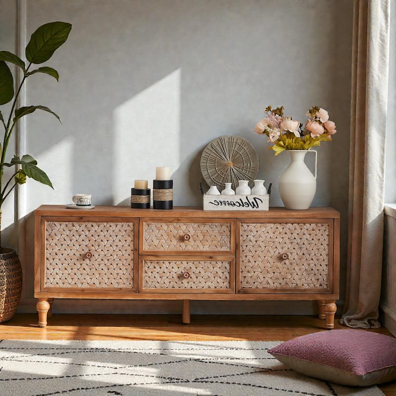 Rattan TV Stand for 55/60/65 Inch TVs, Mid-Century Boho Media Console with Doors, Drawers and Adjustable Shelf - Brown