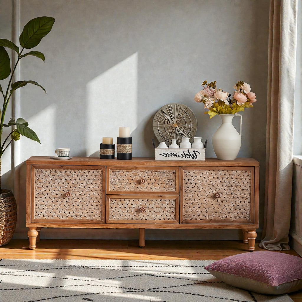 Rattan TV Stand for 55/60/65 Inch TVs, Mid-Century Boho Media Console with Doors, Drawers and Adjustable Shelf