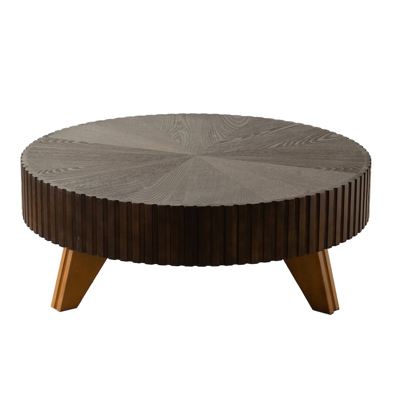 35.4 Inch Retro Round Coffee Table Multifunctional Coffee Table with 3 Solid Wood Legs for Living Room, Brown