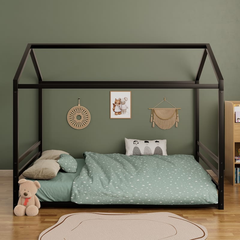 Montessori House Metal Floor Bed with End Guardrails by Harper&Bright Designs