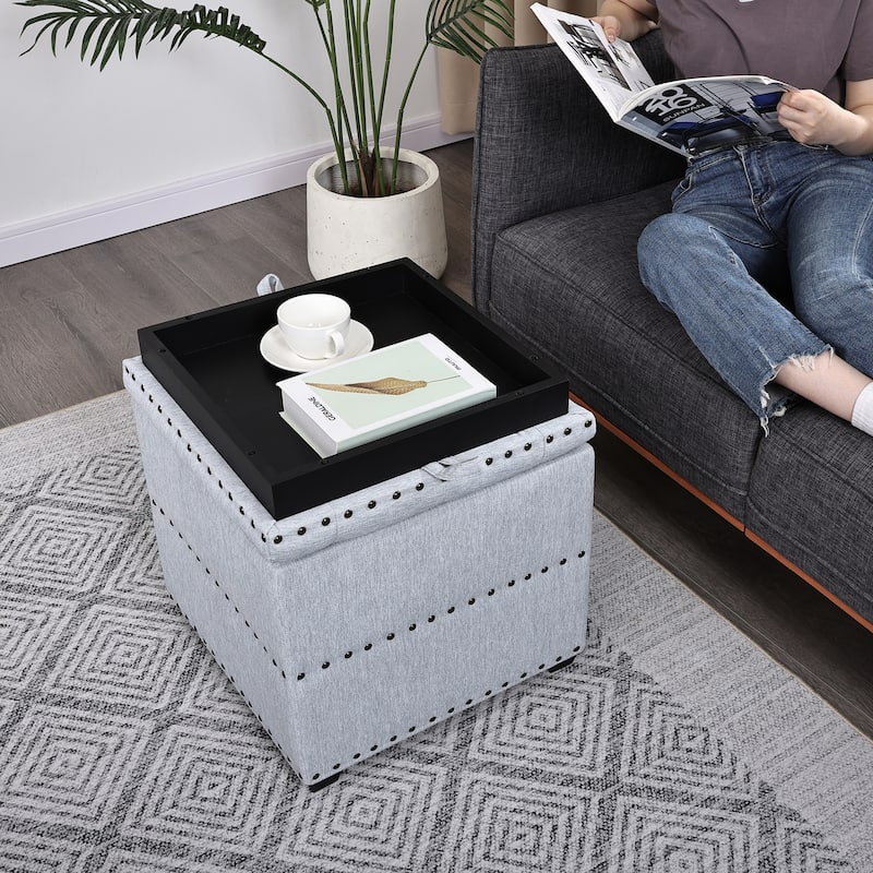 Adeco Fabric Square Storage Ottoman with Tray