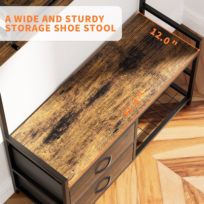 Anmytek 33.1 Inch Wide Hall Tree Entryway Bench with Shoe Storage Shelves Garment Racks 23 Hooks and 2 Movable Drawers