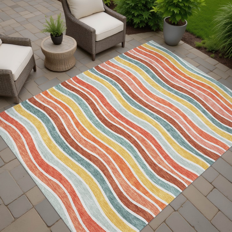 Machine Washable Indoor/ Outdoor Contemporary Stripe Chantille Rug - Coral - 9' x 12'
